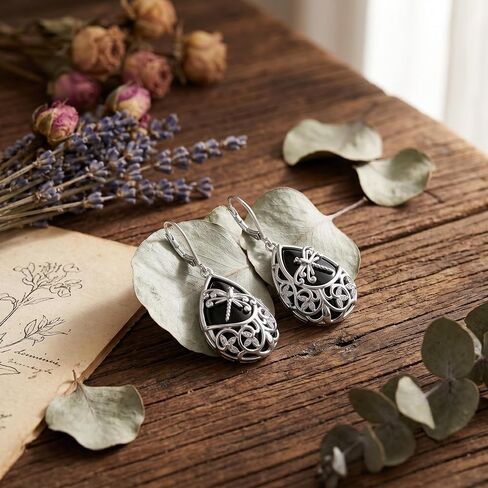 Black Onyx Dragonfly Earrings Obsidian Dangle Drop Earrings Filigree Boho Vintage Jewelry Gifts for Women in Saudi Arabia
