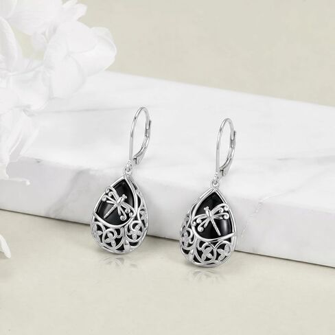 Black Onyx Dragonfly Earrings Obsidian Dangle Drop Earrings Filigree Boho Vintage Jewelry Gifts for Women in Saudi Arabia
