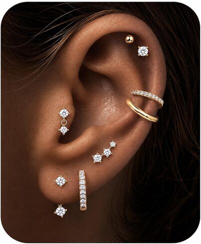 Turandoss 8 Pairs Hypoallergenic Earrings Jackets for Women, 14K Gold Plated Flat Back Earrings Dainty Stud Hoop Cartilage Earrings Multiple Piercing Earring Stacks Earrings for Women Jewelry Gifts in Kuwait