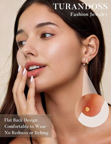 Turandoss 8 Pairs Hypoallergenic Earrings Jackets for Women, 14K Gold Plated Flat Back Earrings Dainty Stud Hoop Cartilage Earrings Multiple Piercing Earring Stacks Earrings for Women Jewelry Gifts in Kuwait