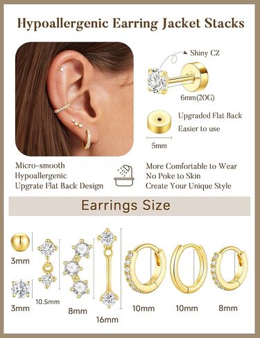 Turandoss 8 Pairs Hypoallergenic Earrings Jackets for Women, 14K Gold Plated Flat Back Earrings Dainty Stud Hoop Cartilage Earrings Multiple Piercing Earring Stacks Earrings for Women Jewelry Gifts in Kuwait