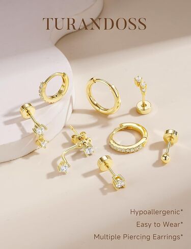 Turandoss 8 Pairs Hypoallergenic Earrings Jackets for Women, 14K Gold Plated Flat Back Earrings Dainty Stud Hoop Cartilage Earrings Multiple Piercing Earring Stacks Earrings for Women Jewelry Gifts in Kuwait