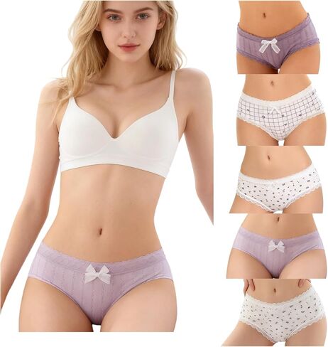 Womens Underwear for Women 5 Packs Panties Cute Cotton Kawaii Japanese-Style Lace Bow Flowers Plaid in Kuwait