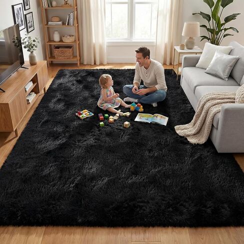 Fluffy Rugs for Living Room: Black Soft Shag Rug for Bedroom, Large Fuzzy Plush Indoor Carpet Non Slip Modern Rug for Nursery Kids Room Dorms Office Home Decor, 7x10 Feet in Kuwait
