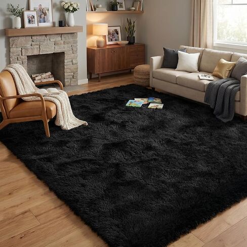 Fluffy Rugs for Living Room: Black Soft Shag Rug for Bedroom, Large Fuzzy Plush Indoor Carpet Non Slip Modern Rug for Nursery Kids Room Dorms Office Home Decor, 7x10 Feet in Kuwait