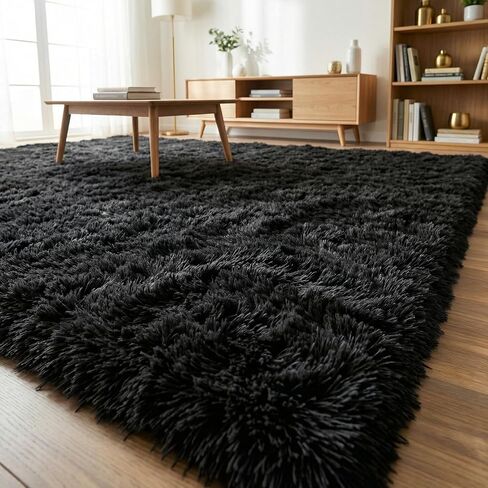 Fluffy Rugs for Living Room: Black Soft Shag Rug for Bedroom, Large Fuzzy Plush Indoor Carpet Non Slip Modern Rug for Nursery Kids Room Dorms Office Home Decor, 7x10 Feet in Kuwait