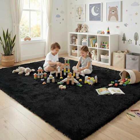 Fluffy Rugs for Living Room: Black Soft Shag Rug for Bedroom, Large Fuzzy Plush Indoor Carpet Non Slip Modern Rug for Nursery Kids Room Dorms Office Home Decor, 7x10 Feet in Kuwait
