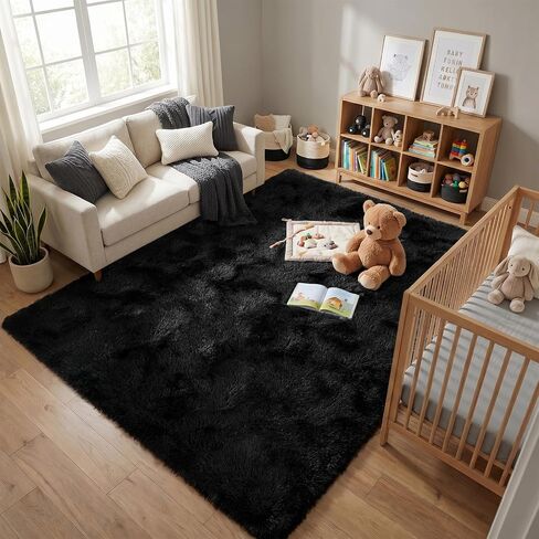 Fluffy Rugs for Living Room: Black Soft Shag Rug for Bedroom, Large Fuzzy Plush Indoor Carpet Non Slip Modern Rug for Nursery Kids Room Dorms Office Home Decor, 7x10 Feet in Kuwait