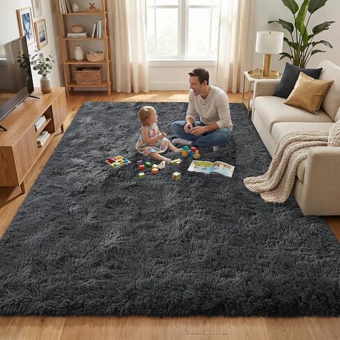 Fluffy Rugs for Living Room: Black Soft Shag Rug for Bedroom, Large Fuzzy Plush Indoor Carpet Non Slip Modern Rug for Nursery Kids Room Dorms Office Home Decor, 7x10 Feet in Kuwait
