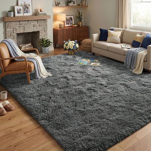 Fluffy Rugs for Living Room: Black Soft Shag Rug for Bedroom, Large Fuzzy Plush Indoor Carpet Non Slip Modern Rug for Nursery Kids Room Dorms Office Home Decor, 7x10 Feet in Kuwait