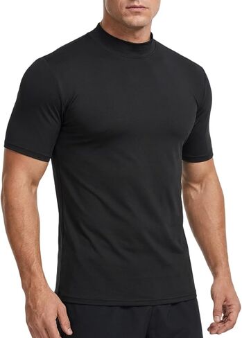 Men Mock Neck T-Shirt Short Sleeve Turtleneck Stretchy Pullover Top Sports Solid Tee in Saudi Arabia