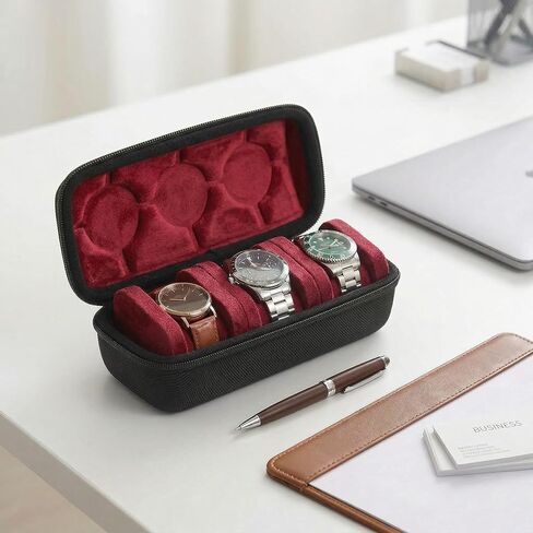 Hard Watch Travel Case, 3 Slots Watch Roll Case Storage Organizer for Men and Women, Watch Travel Organizer with Anti-Move Watch Pillows for Portable Watch Protection and Storage RED in Kuwait