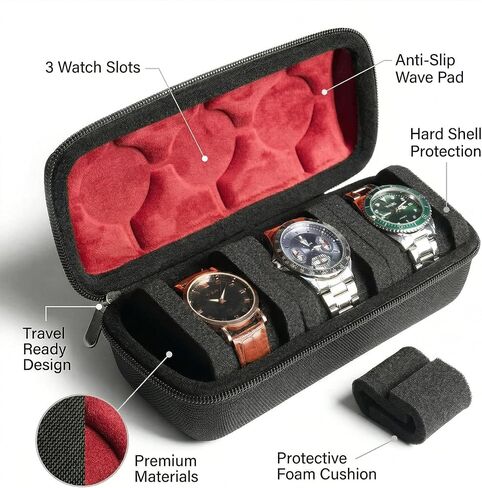 Hard Watch Travel Case, 3 Slots Watch Roll Case Storage Organizer for Men and Women, Watch Travel Organizer with Anti-Move Watch Pillows for Portable Watch Protection and Storage RED in Kuwait