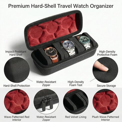 Hard Watch Travel Case, 3 Slots Watch Roll Case Storage Organizer for Men and Women, Watch Travel Organizer with Anti-Move Watch Pillows for Portable Watch Protection and Storage RED in Kuwait