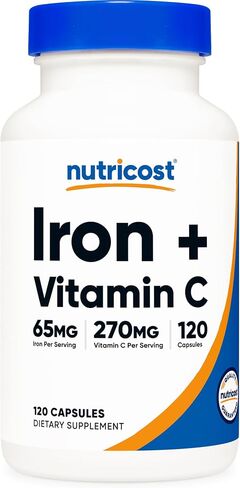 Nutricost Iron (65mg) with Vitamin C (270mg) 120 Capsules - Vegan, GMO-Free in Kuwait