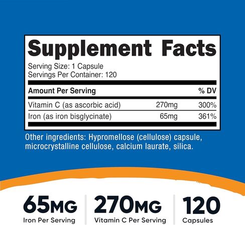 Nutricost Iron (65mg) with Vitamin C (270mg) 120 Capsules - Vegan, GMO-Free in Kuwait