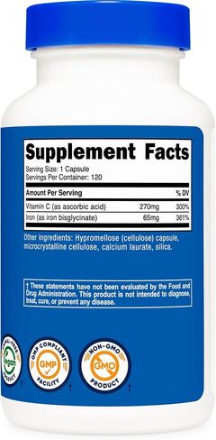 Nutricost Iron (65mg) with Vitamin C (270mg) 120 Capsules - Vegan, GMO-Free in Kuwait