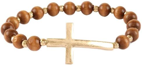 Rosemarie's Religious Gifts Women's Unique Wooden Bead And Gold Tone Sideways Christian Cross Stretch Bracelet Easter Gift, 6.75" in Kuwait