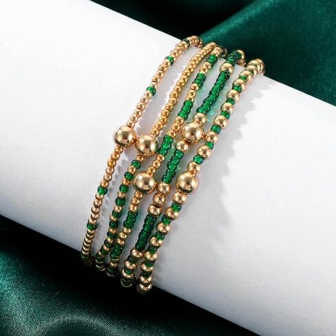 Ymapinc Green and Gold Bracelet Stack Set, Boho Bracelets for Women, Multilayer Beaded Green Stackable Stretch Bracelets, Bohemian Beach Vacation Jewelry Gifts for Women in Kuwait