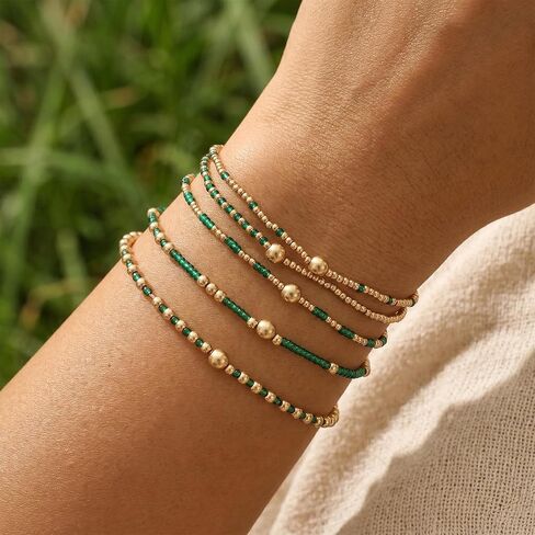 Ymapinc Green and Gold Bracelet Stack Set, Boho Bracelets for Women, Multilayer Beaded Green Stackable Stretch Bracelets, Bohemian Beach Vacation Jewelry Gifts for Women in Kuwait