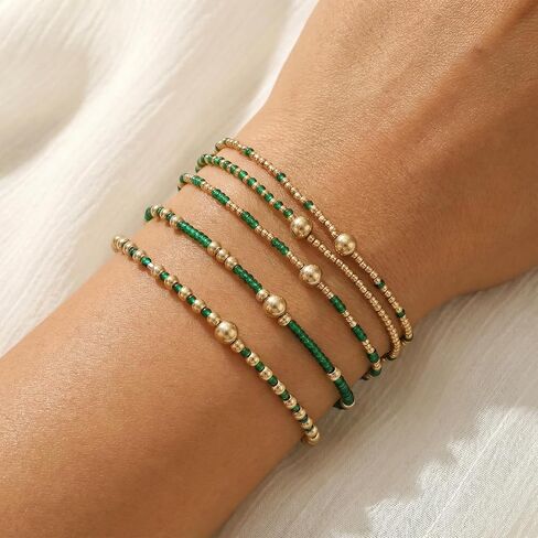 Ymapinc Green and Gold Bracelet Stack Set, Boho Bracelets for Women, Multilayer Beaded Green Stackable Stretch Bracelets, Bohemian Beach Vacation Jewelry Gifts for Women in Kuwait