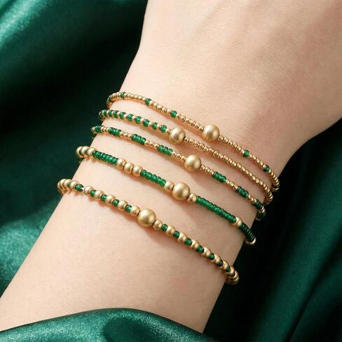 Ymapinc Green and Gold Bracelet Stack Set, Boho Bracelets for Women, Multilayer Beaded Green Stackable Stretch Bracelets, Bohemian Beach Vacation Jewelry Gifts for Women in Kuwait