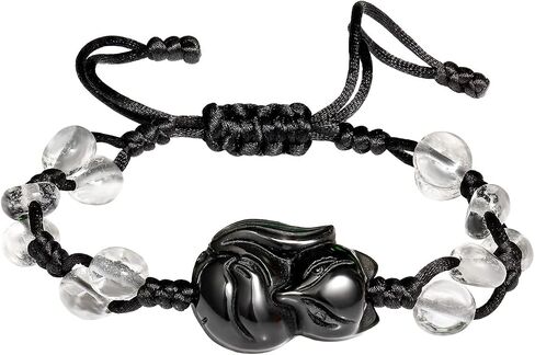 Black Obsidian Fox Braided Bracelets for Women Tumbled Stones and Crystals Adjustable Good Luck Balance Cute Bracelets in Saudi Arabia