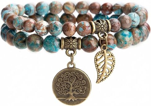 Tree of Life Bracelet for Women, Stretch Beads with Natural Gemstone & Leaf Charm, Energy Reiki Crystal in Saudi Arabia