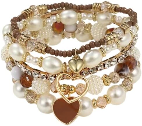 Bohemian Multilayer Stackable Beaded Bracelets Set Faux Pearl Heart Crystal Stretchy Boho Bracelet for Women Summer Beach Vacation Jewelry in Saudi Arabia