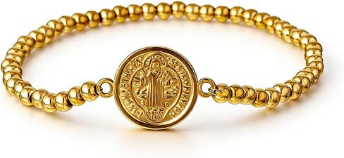 Saint Benedict Medal Charm Stretch Beaded Bracelet for Women Men Gold Plated Stainless Steel Beaded Bracelets Catholic Gifts in Saudi Arabia