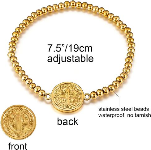 Saint Benedict Medal Charm Stretch Beaded Bracelet for Women Men Gold Plated Stainless Steel Beaded Bracelets Catholic Gifts in Saudi Arabia