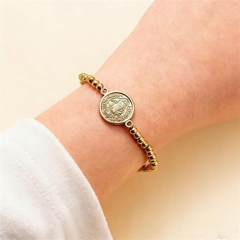 Saint Benedict Medal Charm Stretch Beaded Bracelet for Women Men Gold Plated Stainless Steel Beaded Bracelets Catholic Gifts in Saudi Arabia