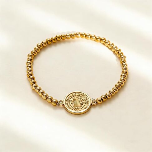 Saint Benedict Medal Charm Stretch Beaded Bracelet for Women Men Gold Plated Stainless Steel Beaded Bracelets Catholic Gifts in Saudi Arabia