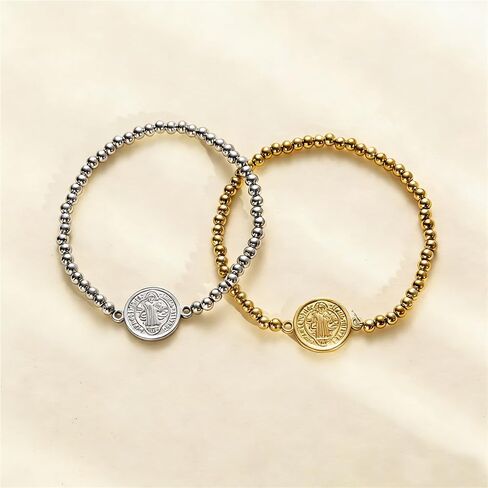 Saint Benedict Medal Charm Stretch Beaded Bracelet for Women Men Gold Plated Stainless Steel Beaded Bracelets Catholic Gifts in Saudi Arabia