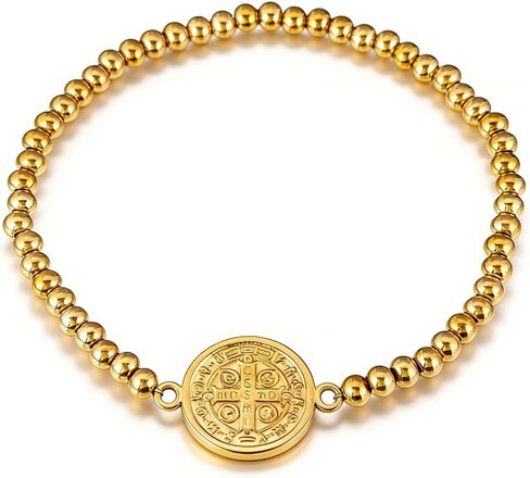 Saint Benedict Medal Charm Stretch Beaded Bracelet for Women Men Gold Plated Stainless Steel Beaded Bracelets Catholic Gifts in Saudi Arabia