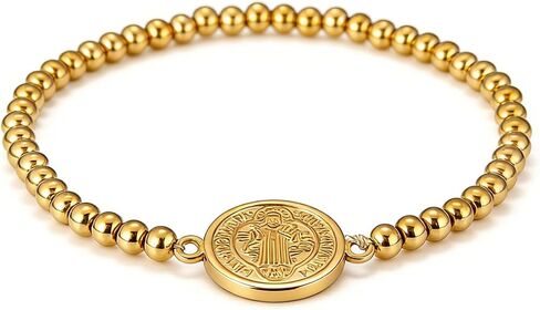 Saint Benedict Medal Charm Stretch Beaded Bracelet for Women Men Gold Plated Stainless Steel Beaded Bracelets Catholic Gifts in Saudi Arabia