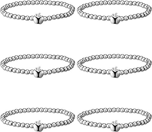 Huquary 6 Pcs Sliver Charm Bracelets for Women Rosh Hashanah Stretch Bead Bracelet Apple Design Stackable Sliver Charm Non Tarnish Jewelry Trendy for Women in Kuwait