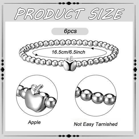 Huquary 6 Pcs Sliver Charm Bracelets for Women Rosh Hashanah Stretch Bead Bracelet Apple Design Stackable Sliver Charm Non Tarnish Jewelry Trendy for Women in Kuwait