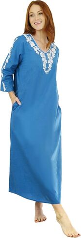 LA CERA V-Neck Embroidered Caftan, 100% Cotton with Embroidered Yoke & Sleeve, 3/4 Sleeves, Machine Washable in Kuwait