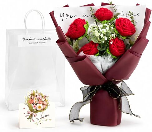 زهور كروشيه، باقة زهور كروشيه من عباد الشمس، التيوليب، الورود، الأقحوان، باقة زهور كروشيه هدايا لعيد الشكر، الكريسماس، عيد الميلاد مع بطاقة وحقيبة هدايا in Kuwait