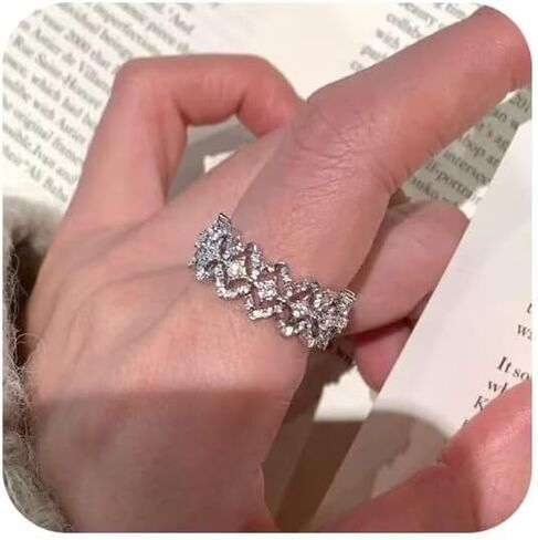 14K Gold / 925 Sterling Silver Open Ring - Lace Edge Design with Brushed Diamond Pattern & Hollow Diamond Inlay, Women’s Elegant Band, Ideal for Engagement, Wedding & Anniversary​ (Two Colors) in Saudi Arabia