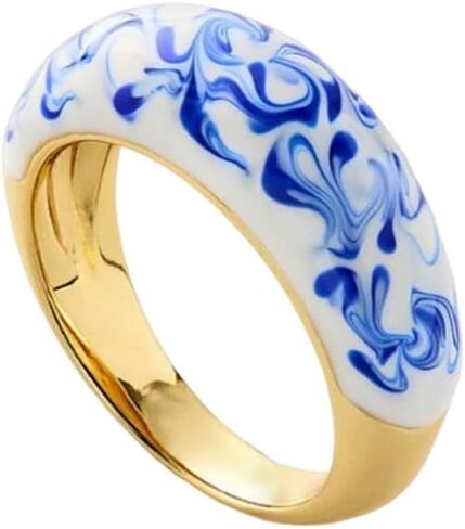 OIDIMS Ceramic Blue and White Porcelain Ring for Women Chinese Style Elegant Water Ripple Ceramic Vintage Statement Band Fashion Knuckle Middle Finger Rings Comfort Fit Unique Jewelry Cocktail Party in Kuwait