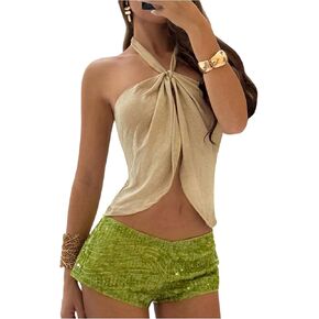 SweatyRocks Women's Vintage Slim Fit Knotted Halter Gold Thread Spring Summer Fashion Hot Top in Saudi Arabia