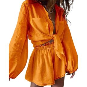Women's Open Front Bow top, Flared Shorts Set, Casual and Fashionable Solid Color 2-Piece Set, Long Sleeved Set in Saudi Arabia