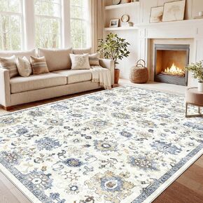 AMADA HOMEFURNISHING Washable Area Rug, Low-Profile Large Area Rug with Non-Slip Backing & Durable Edge Binding, Vintage Large Rugs for Living Room, Bedroom, Dinning Room (8x10,Blue/White) in Saudi Arabia
