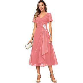 Lace Applique Mother of The Bride Dress Tea Length Mother of Groom Dress Chiffon Formal Gown in Saudi Arabia