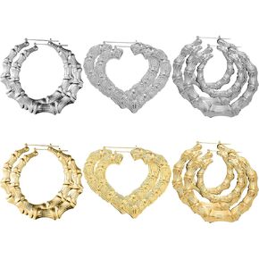 Premium 6 Pairs Bamboo Hoop Earrings for Women, Lightweight Chunky 90s Retro Hip Hop Hollow Statement Jewelry, Elegant Large Fashion Accessories in Saudi Arabia