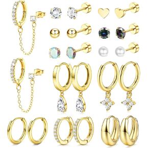Incaton Hypoallergenic Flat Back Earrings for Women 14K Gold Plated Surgical Steel Earrings for Sensitive Ears 20G Cartilage Earring Stacks Huggie Hoops Flatback Stud Earring Sets for Multiple Piercing in Kuwait