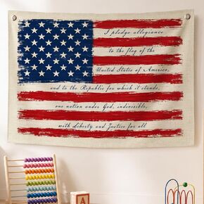 Vintage American Flag Wall Decor for Classroom, Rustic Patriotic American Pledge Canvas Banner Wall Hanging Banner Flag Decor for Homeschool Nursery Living Room Home, Fourth of July Decor in Saudi Arabia