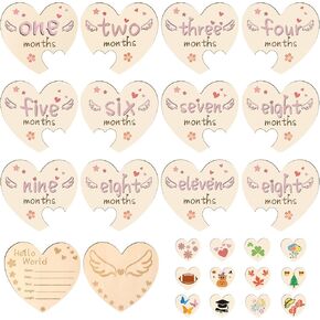 Heart-Shaped Wooden Baby Milestone Cards - 13 Pcs Double-Sided 1-12 Months Photo Props with Baby Announcement Plaque for Name, Weight & Gender in Saudi Arabia